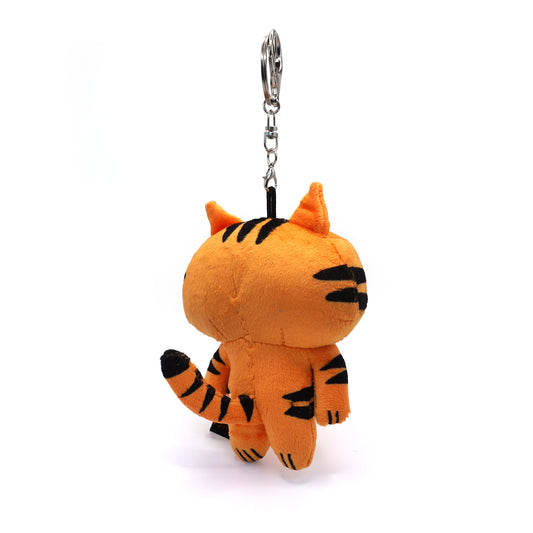 An orange, plush tiger shown from the back. It has a silver keychain attachment at the top of it.