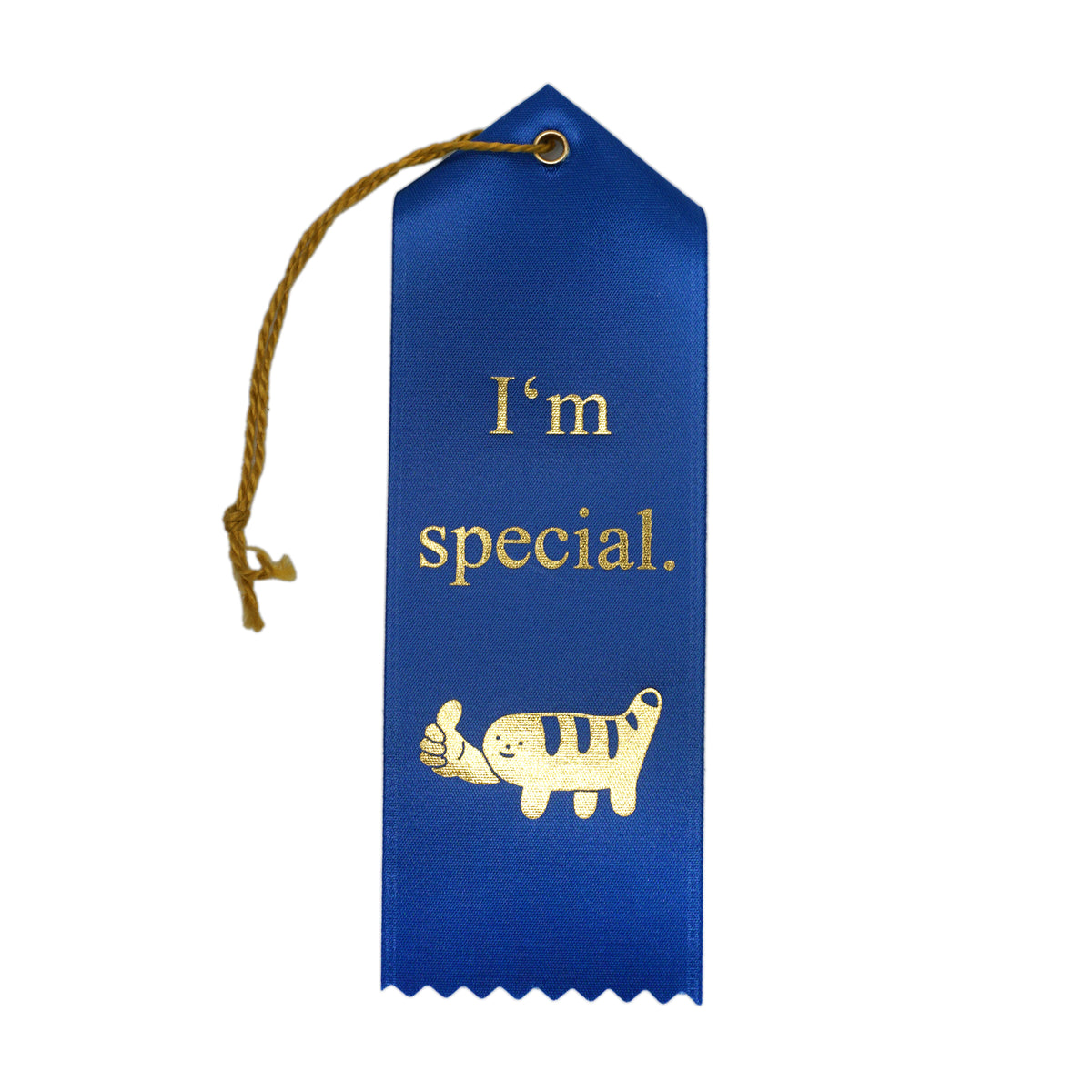 A blue award ribbon with gold text saying "I'm special." with an illustration of a cheese puff tiger doing a thumbs up
