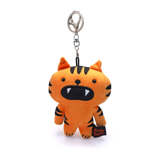 An orange, plush tiger with a large mouth and fangs. It has a silver keychain attachment at the top of it.